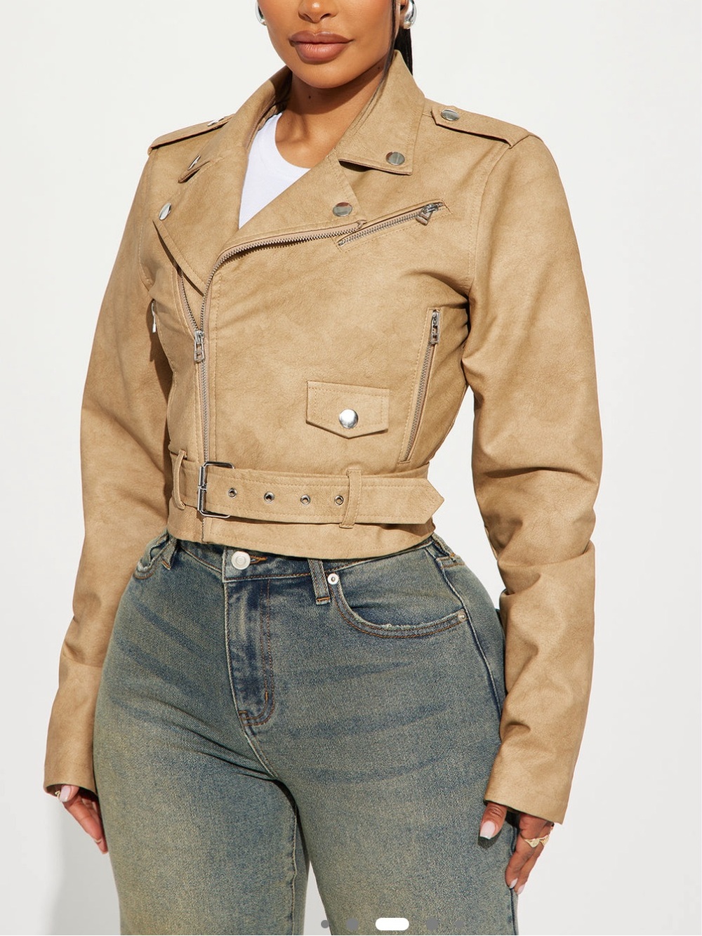 Fashion Nova Cropped Belted Faux Leather Jacket - Tan